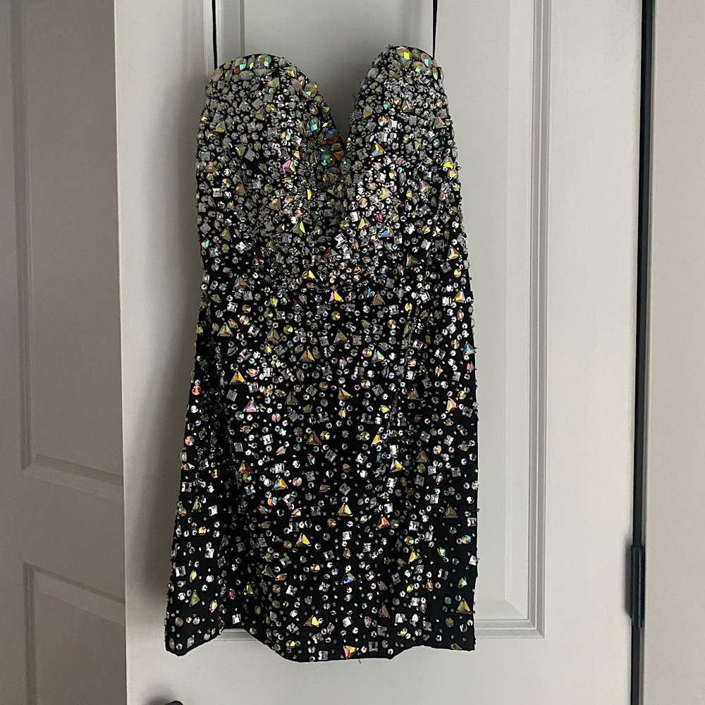 Black rhinestone beaded dress with detachable train